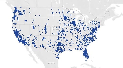 A graphic showing the geographic distribution of AVID Alumni in the U.S.