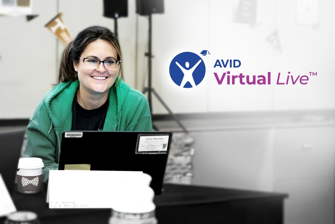 Woman smiles while looking up from a laptop, AVID Virtual Live logo is on top of image